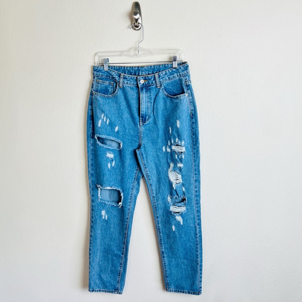 SHEIN Medium Wash Distressed Pattern Ripped Boyfriend Jeans